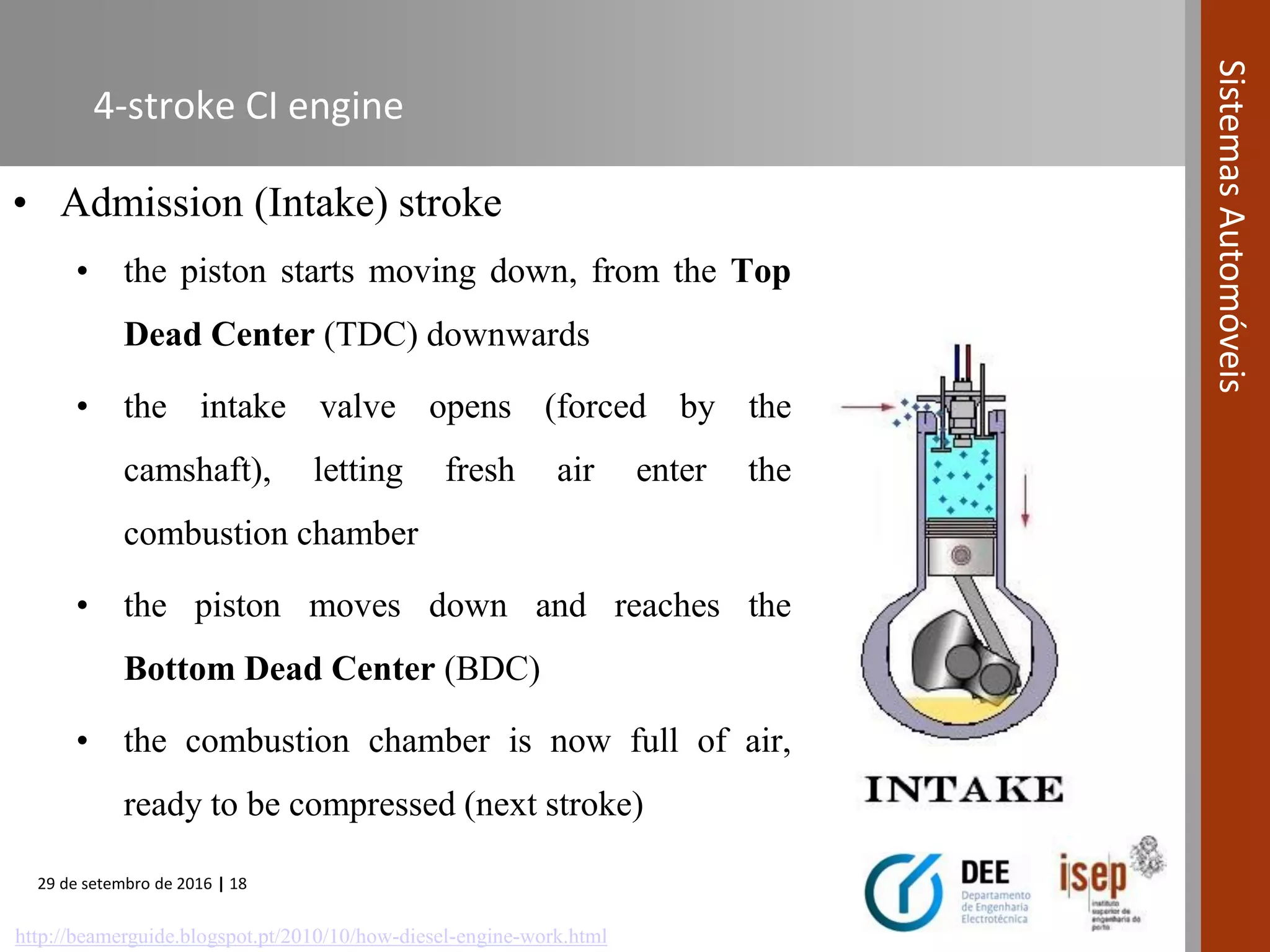 29 de setembro de 2016 | 18
SistemasAutomóveis
4-stroke CI engine
• Admission (Intake) stroke
• the piston starts moving down, from the Top
Dead Center (TDC) downwards
• the intake valve opens (forced by the
camshaft), letting fresh air enter the
combustion chamber
• the piston moves down and reaches the
Bottom Dead Center (BDC)
• the combustion chamber is now full of air,
ready to be compressed (next stroke)
http://beamerguide.blogspot.pt/2010/10/how-diesel-engine-work.html
 