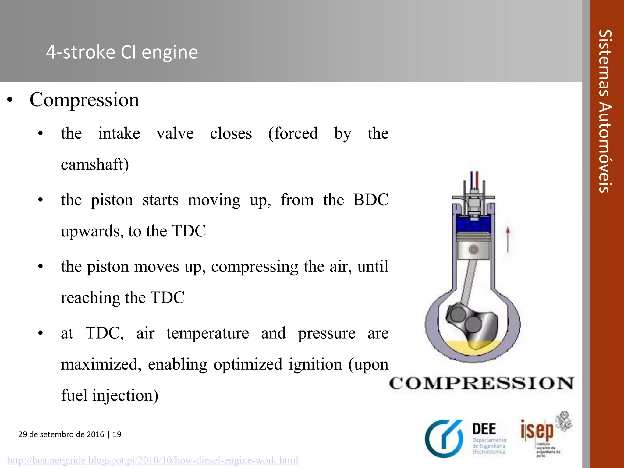 29 de setembro de 2016 | 19
SistemasAutomóveis
• Compression
• the intake valve closes (forced by the
camshaft)
• the piston starts moving up, from the BDC
upwards, to the TDC
• the piston moves up, compressing the air, until
reaching the TDC
• at TDC, air temperature and pressure are
maximized, enabling optimized ignition (upon
fuel injection)
4-stroke CI engine
http://beamerguide.blogspot.pt/2010/10/how-diesel-engine-work.html
 