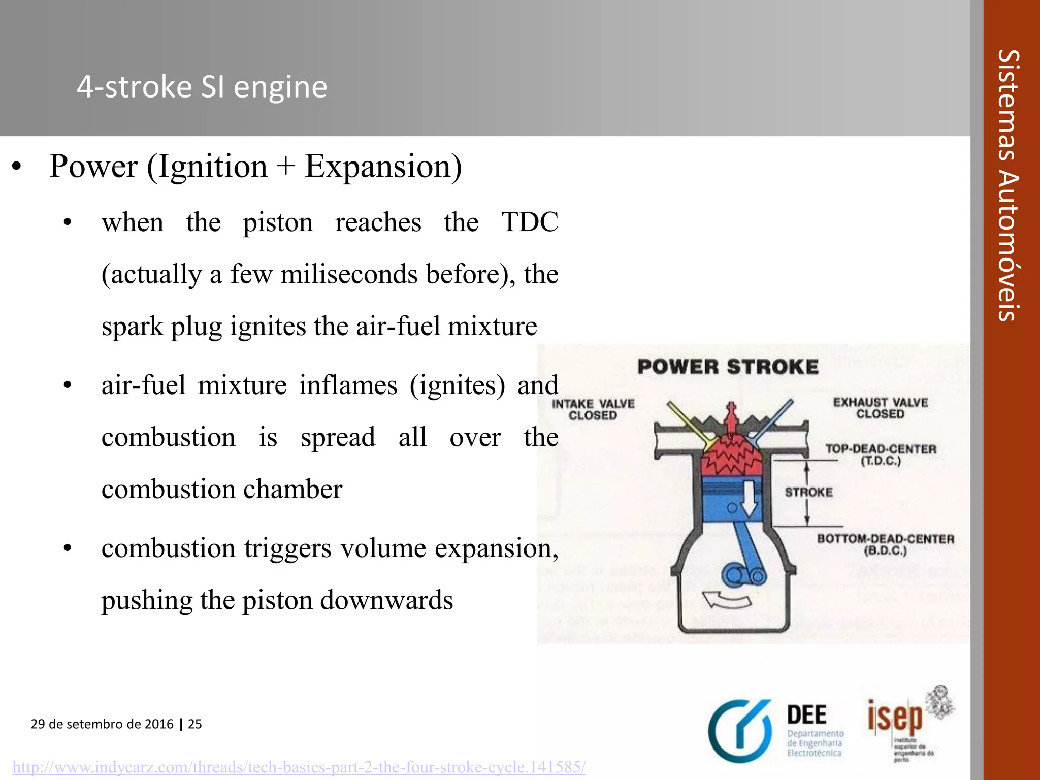 29 de setembro de 2016 | 25
SistemasAutomóveis
• Power (Ignition + Expansion)
• when the piston reaches the TDC
(actually a few miliseconds before), the
spark plug ignites the air-fuel mixture
• air-fuel mixture inflames (ignites) and
combustion is spread all over the
combustion chamber
• combustion triggers volume expansion,
pushing the piston downwards
4-stroke SI engine
http://www.indycarz.com/threads/tech-basics-part-2-the-four-stroke-cycle.141585/
 