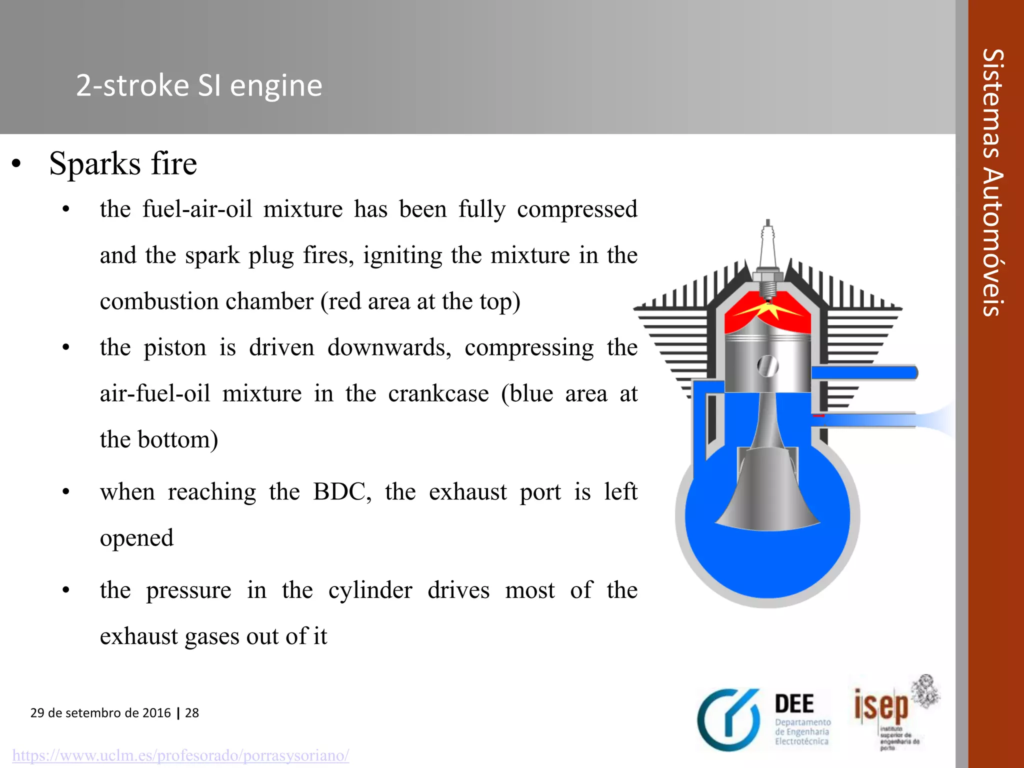 29 de setembro de 2016 | 28
SistemasAutomóveis
2-stroke SI engine
• Sparks fire
• the fuel-air-oil mixture has been fully compressed
and the spark plug fires, igniting the mixture in the
combustion chamber (red area at the top)
• the piston is driven downwards, compressing the
air-fuel-oil mixture in the crankcase (blue area at
the bottom)
• when reaching the BDC, the exhaust port is left
opened
• the pressure in the cylinder drives most of the
exhaust gases out of it
https://www.uclm.es/profesorado/porrasysoriano/
 