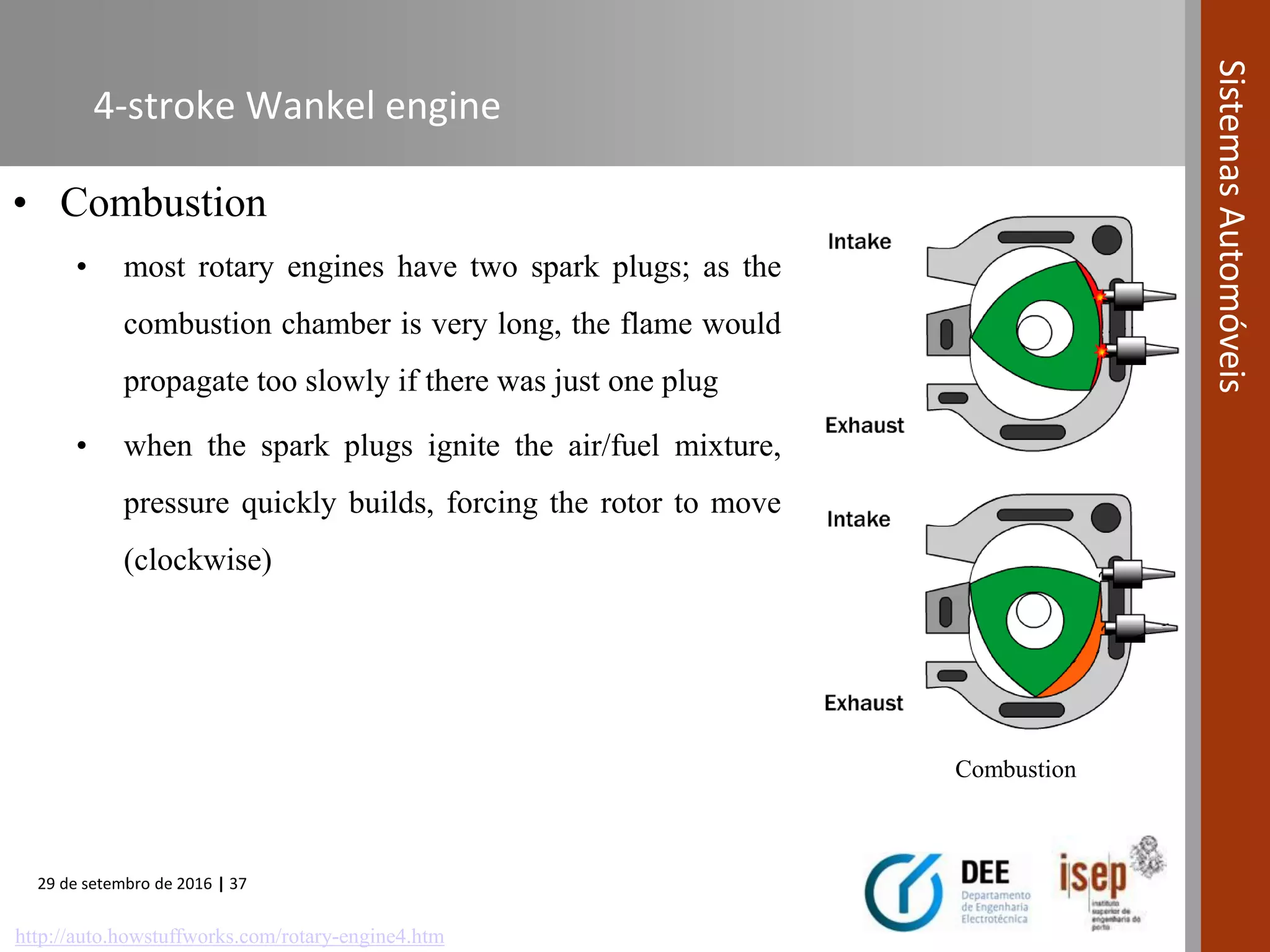 29 de setembro de 2016 | 37
SistemasAutomóveis
• Combustion
• most rotary engines have two spark plugs; as the
combustion chamber is very long, the flame would
propagate too slowly if there was just one plug
• when the spark plugs ignite the air/fuel mixture,
pressure quickly builds, forcing the rotor to move
(clockwise)
4-stroke Wankel engine
Combustion
http://auto.howstuffworks.com/rotary-engine4.htm
 