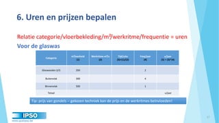 www.qualipso.be
6. Uren en prijzen bepalen
Relatie categorie/vloerbekleding/m²/werkritme/frequentie = uren
Voor de glaswas
17
Categorie
m²/eenheid
(1)
Werkritme m²/u
(2)
Tijd/uitv
(3)=(1)/(2)
Freq/jaar
(4)
u/jaar
(5) = (3)*(4)
Glaswanden (I/I) 350 2
Buitenvlak 300 4
Binnenvlak 500 1
Totaal u/jaar
Tip: prijs van gondels – gekozen techniek kan de prijs en de werkritmes beïnvloeden!
 