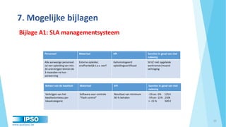 www.qualipso.be
7. Mogelijke bijlagen
19
Personeel Materiaal KPI Sancties in geval van niet
naleving
Alle aanwezige personeel
zal een opleiding van min.
20 uren krijgen binnen de
3 maanden na hun
aanwerving
Externe opleider,
onafhankelijk t.o.v. werf
Gehomologeerd
opleidingscertificaat
50 €/ niet opgeleide
werknemer/maand
vertraging
Beheer van de kwaliteit Materiaal KPI Sancties in geval van niet
naleving
Verkrijgen van het
kwaliteitsniveau per
lokaalcategorie
Software voor controle
“Flash control”
Resultaat van minimum
90 % behalen
-1% en -5% 125 €
-5% en -15% 250€
> -15 % 500 €
Bijlage A1: SLA managementsysteem
 