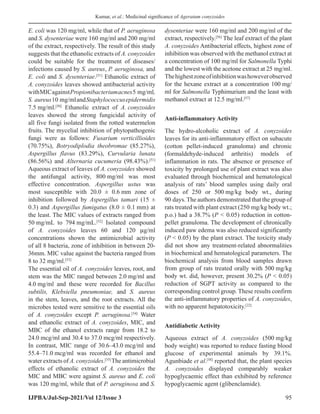 Kumar, et al.: Medicinal significance of Ageratum conyzoides
IJPBA/Jul-Sep-2021/Vol 12/Issue 3 95
E. coli was 120 mg/ml, while that of P. aeruginosa
and S. dysenteriae were 160 mg/ml and 200 mg/ml
of the extract, respectively. The result of this study
suggests that the ethanolic extracts of A. conyzoides
could be suitable for the treatment of diseases/
infections caused by S. aureus, P. aeruginosa, and
E. coli and S. dysenteriae.[51]
Ethanolic extract of
A. conyzoides leaves showed antibacterial activity
withMICagainstPropionibacteriumacnes5 mg/ml,
S. aureus10 mg/mlandStaphylococcusepidermidis
7.5 mg/ml.[50]
Ethanolic extract of A. conyzoides
leaves showed the strong fungicidal activity of
all five fungi isolated from the rotted watermelon
fruits. The mycelial inhibition of phytopathogenic
fungi were as follows: Fusarium verticillioides
(70.75%), Botryodiplodia theobromae (85.27%),
Aspergillus flavus (83.29%), Curvularia lunata
(86.56%) and Alternaria cucumeria (98.43%).[51]
Aqueous extract of leaves of A. conyzoides showed
the antifungal activity, 800 mg/ml was most
effective concentration. Aspergillus ustus was
most susceptible with 20.0 ± 0.6 mm zone of
inhibition followed by Aspergillus tamari (15 ±
0.3) and Aspergillus fumigatus (8.0 ± 0.1 mm) at
the least. The MIC values of extracts ranged from
50 mg/mL to 794 mg/mL.[52]
Isolated compound
of A. conyzoides leaves 60 and 120 μg/ml
concentrations shown the antimicrobial activity
of all 8 bacteria, zone of inhibition in between 20-
36mm. MIC value against the bacteria ranged from
8 to 32 mg/ml.[53]
The essential oil of A. conyzoides leaves, root, and
stem was the MIC ranged between 2.0 mg/ml and
4.0 mg/ml and these were recorded for Bacillus
subtilis, Klebsiella pneumoniae, and S. aureus
in the stem, leaves, and the root extracts. All the
microbes tested were sensitive to the essential oils
of A. conyzoides except P. aeruginosa.[54]
Water
and ethanolic extract of A. conyzoides, MIC, and
MBC of the ethanol extracts range from 18.2 to
24.0 mcg/ml and 30.4 to 37.0 mcg/ml respectively.
In contrast, MIC range of 30.6–43.0 mcg/ml and
55.4–71.0 mcg/ml was recorded for ethanol and
water extracts of A. conyzoides.[55]
The antimicrobial
effects of ethanolic extract of A. conyzoides the
MIC and MBC were against S. aureus and E. coli
was 120 mg/ml, while that of P. aeruginosa and S.
dysenteriae were 160 mg/ml and 200 mg/ml of the
extract, respectively.[56]
The leaf extract of the plant
A. conyzoides Antibacterial effects, highest zone of
inhibition was observed with the methanol extract at
a concentration of 100 mg/ml for Salmonella Typhi
and the lowest with the acetone extract at 25 mg/ml.
Thehighestzoneofinhibitionwashoweverobserved
for the hexane extract at a concentration 100 mg/
ml for Salmonella Typhimurium and the least with
methanol extract at 12.5 mg/ml.[57]
Anti-inflammatory Activity
The hydro-alcoholic extract of A. conyzoides
leaves for its anti-inflammatory effect on subacute
(cotton pellet-induced granuloma) and chronic
(formaldehyde-induced arthritis) models of
inflammation in rats. The absence or presence of
toxicity by prolonged use of plant extract was also
evaluated through biochemical and hematological
analysis of rats’ blood samples using daily oral
doses of 250 or 500 mg/kg body wt., during
90 days.The authors demonstrated that the group of
rats treated with plant extract (250 mg/kg body wt.;
p.o.) had a 38.7% (P  0.05) reduction in cotton-
pellet granuloma. The development of chronically
induced paw edema was also reduced significantly
(P  0.05) by the plant extract. The toxicity study
did not show any treatment-related abnormalities
in biochemical and hematological parameters. The
biochemical analysis from blood samples drawn
from group of rats treated orally with 500 mg/kg
body wt. did, however, present 30.2% (P  0.05)
reduction of SGPT activity as compared to the
corresponding control group. These results confirm
the anti-inflammatory properties of A. conyzoides,
with no apparent hepatotoxicity.[22]
Antidiabetic Activity
Aqueous extract of A. conyzoides (500 mg/kg
body weight) was reported to reduce fasting blood
glucose of experimental animals by 39.1%.
Agunbiade et al.[58]
reported that, the plant species
A. conyzoides displayed comparably weaker
hypoglycaemic effect than exhibited by reference
hypoglycaemic agent (glibenclamide).
 