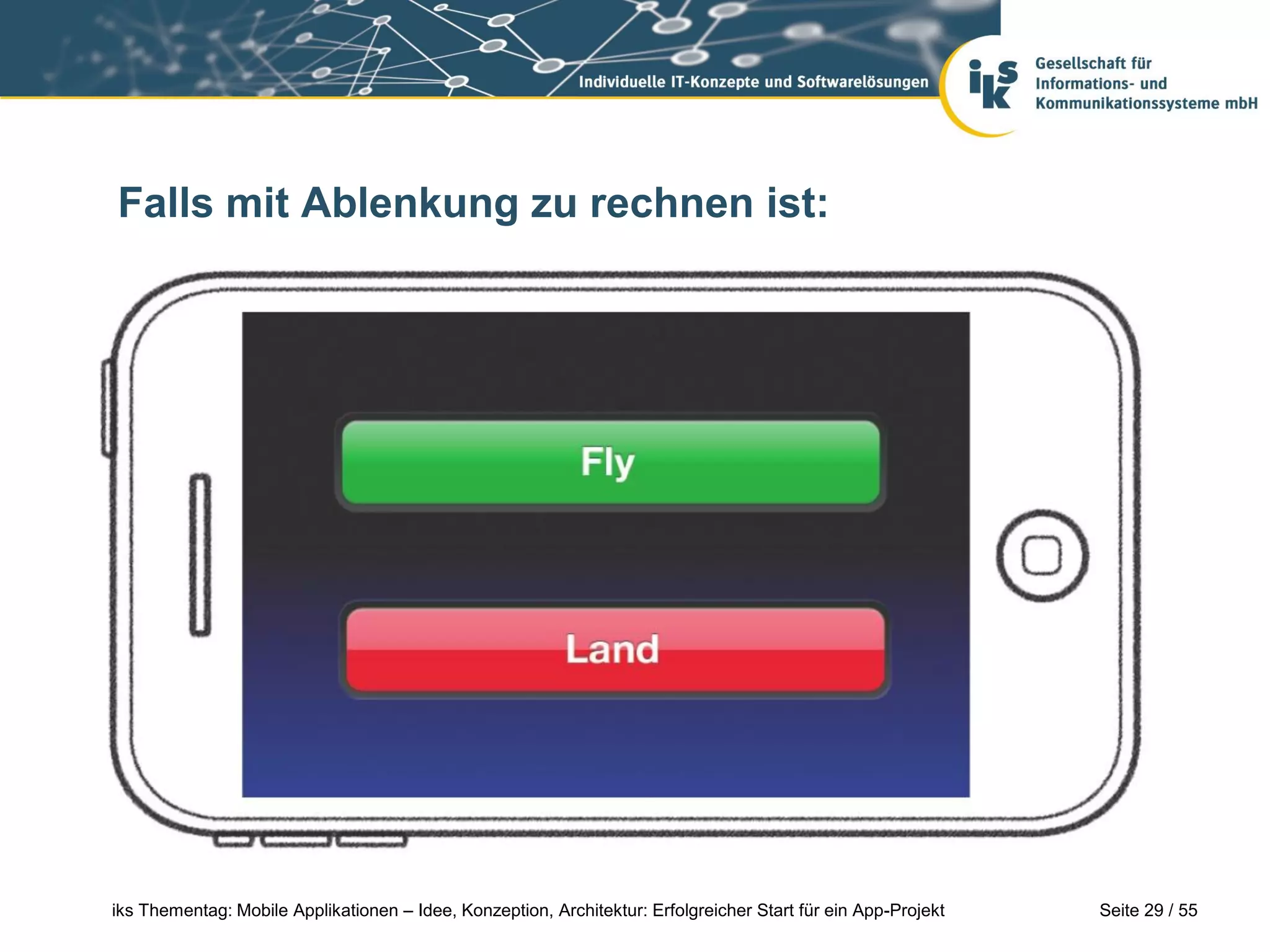 Seite 29 / 55iks Thementag: Mobile Applikationen – Idee, Konzeption, Architektur: Erfolgreicher Start für ein App-Projekt
Falls mit Ablenkung zu rechnen ist:
 
