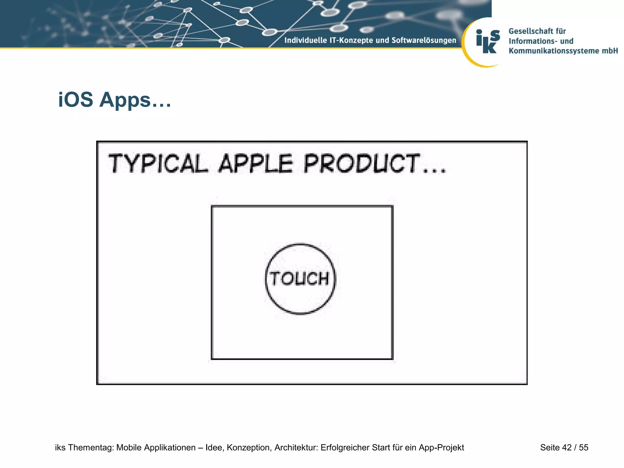 Seite 42 / 55iks Thementag: Mobile Applikationen – Idee, Konzeption, Architektur: Erfolgreicher Start für ein App-Projekt
iOS Apps…
 