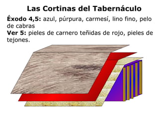 Éxodo 4,5:  azul, púrpura, carmesí, lino fino, pelo de cabras Ver 5:  pieles de carnero teñidas de rojo, pieles de tejones. Las Cortinas del Tabernáculo 