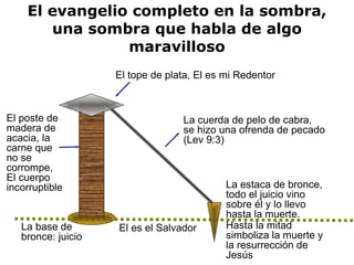 El evangelio completo en la sombra, u na sombra que habla de algo maravilloso El tope de plata, El es mi Redentor La cuerda de pelo de cabra, se hizo una ofrenda de pecado (Lev 9:3) La estaca de bronce,  todo el juicio vino  sobre él y lo llevo  hasta la muerte. Hasta la mitad  simboliza la muerte y  la resurrección de Jesús El es el Salvador El poste de madera de acacia, la carne que no se corrompe,  El cuerpo incorruptible La base de bronce: j uicio 