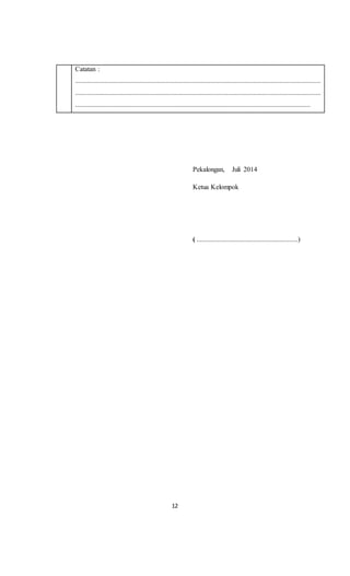 12
Catatan :
...............................................................................................................................................
...............................................................................................................................................
.........................................................................................................................................
Pekalongan, Juli 2014
Ketua Kelompok
( ...........................................................)
 