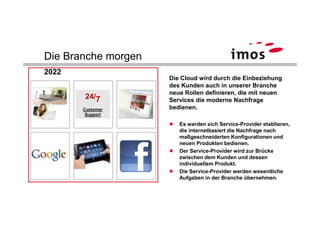 Die Branche morgen
2022
                     Die Cloud wird durch die Einbeziehung
                     des Kunden auch in unserer Branche
                     neue Rollen definieren, die mit neuen
       24/7          Services die moderne Nachfrage
       Customer      bedienen.
        Support

                        Es werden sich Service-Provider etablieren,
                        die internetbasiert die Nachfrage nach
                        maßgeschneiderten Konfigurationen und
                        neuen Produkten bedienen.
                        Der Service-Provider wird zur Brücke
                        zwischen dem Kunden und dessen
                        individuellem Produkt.
                        Die Service-Provider werden wesentliche
                        Aufgaben in der Branche übernehmen.
 