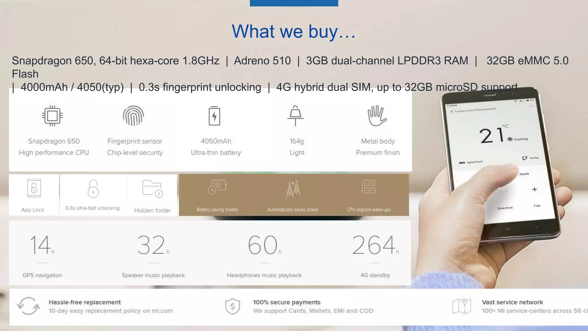 Snapdragon 650, 64-bit hexa-core 1.8GHz | Adreno 510 | 3GB dual-channel LPDDR3 RAM | 32GB eMMC 5.0
Flash
| 4000mAh / 4050(typ) | 0.3s fingerprint unlocking | 4G hybrid dual SIM, up to 32GB microSD support
What we buy…
 