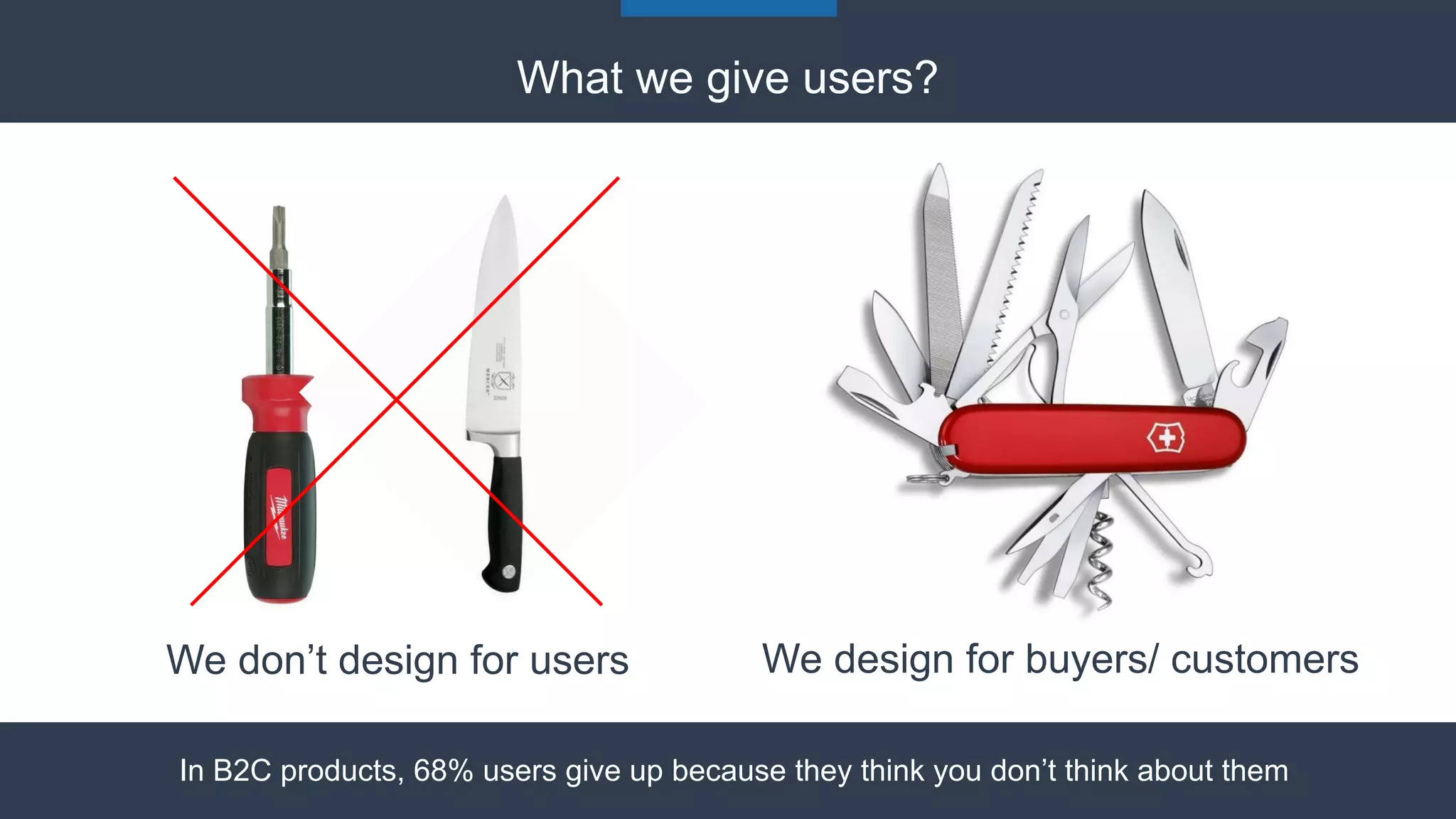 We design for buyers/ customersWe don’t design for users
In B2C products, 68% users give up because they think you don’t think about them
What we give users?
 