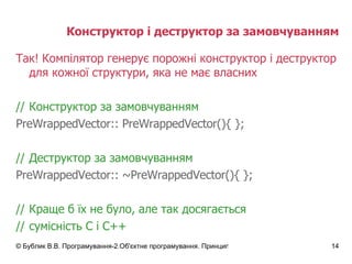 Конструктор і деструктор за замовчуванням Так!   Компілятор   генерує   порожні конструктор і деструктор для кожної структури, яка не має власних // Конструктор за замовчуванням Pre WrappedVector::  Pre WrappedVector() { }; // Деструктор за замовчуванням Pre WrappedVector::  ~Pre WrappedVector() { }; // Краще б їх не було, але так досягається // сумісність С і С++ 