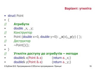Варіант: утиліта struct  Point { // Атрибути double  _x,   _y; // Конструктор Point ( double  x=0,  double  y=0):  _x (x), _y (y) { }; // Деструктор ~Point(){}; } // Утиліти доступу до атрибутів – методи double & x( Point & a ) { return   a . _x;} double & y( Point & a ) { return   a . _y;} 