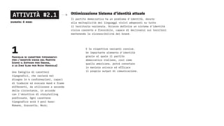 ATTIVITÀ #2.1 Ottimizzazione Sistema d’identità attuale
Il partito democratico ha un problema d’identità, dovuto
alla molteplicità dei linguaggi visivi adoperati su tutto
il territorio nazionale. Occorre definire un sistema d’identità
visiva coerente e flessibile, capace di declinarsi sui territori
mantenendo la riconoscibilità del brand.
1Famiglia di caratteri tipografici
per l’identità visiva del Partito
(come il Gotham per Obama,
o lo Zine Slab per Nichi Vendola)
Una famiglia di caratteri
tipografici, che varierà nel
disegno in 4 conformazioni, capaci
di tradurre ed evocare mood e frame
differenti, da utilizzare a seconda
delle circostanze, in accordo
con l’obiettivo di storytelling
prefissato. Ogni carattere
tipografico avrà 3 pesi base:
Romano, Grassetto, Nero;
E le rispettive varianti corsive.
Un importante elemento d’identità
grazie al quale il partito
democratico italiano, cosi come
quello americano, potrà connotare
in maniera univoca ed efficace
il proprio output di comunicazione.
durata: 6 mesi
 