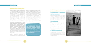 Marco teórico		                                                                                		                                                  Marco teórico


DISCAPACIDAD INTELECTUAL
                                                                                               La CIF 2001 organiza la información en
En las dos últimas décadas hemos asistido       Salud (CIF, aprobada por la OMS en 2001),
                                                                                               dos grandes subdivisiones:
a un importante cambio en la concepción         la persona con discapacidad se halla en un
de la discapacidad. Los planteamientos tra-     entorno sobre el que interactúan una serie     1. Funcionamiento y discapacidad
dicionales, centrados en la asistencia y en     de factores. Estos factores pueden ser de-
                                                                                               1 a) Funcionamiento:
la recuperación de las capacidades funcio-      terminantes de una situación de igualdad
nales, han sido sustituidos por otros que       de oportunidades o, por el contrario, de       Indica los aspectos positivos de la interac-
destacan la identificación y la eliminación     discriminación. Para poder realizar una        ción de un individuo (con una “condición
de los diversos obstáculos que impiden la       composición precisa de este sistema se hace    de salud”) y los Factores Contextuales. Así,
igualdad de oportunidades para alcanzar la      necesario identificar estos factores, anali-   incluye Funciones Corporales, Estructuras
plena participación de las personas con dis-    zar su comportamiento y su nivel de in-        Corporales, Actividades y Participación.
capacidad en todos los aspectos de la vida.     fluencia sobre la consecución de igualdad
                                                                                               1 b) Discapacidad:
                                                o desigualdad para la persona.
Se considera que si modificamos la forma
                                                                                               Indica los aspectos negativos de la interac-
en que organizamos nuestras sociedades,
                                                                                               ción de un individuo (con una “condición
podremos reducir considerablemente, in-
cluso eliminar, los obstáculos a los que se       Si modificamos la forma en                   de salud”) y los Factores Contextuales.
enfrentan las personas con discapacidad.          que organizamos nuestras                     Incluye deficiencias en las Funciones Cor-
                                                                                               porales y Estructuras Corporales, Limita-
En la actualidad se prima la inclusión,           sociedades, podremos reducir
                                                                                               ciones en la actividad y restricciones en la
por encima del objetivo más limitado de           considerablemente,    incluso                Participación.
la adaptación, como el factor fundamental         eliminar, los obstáculos a los
que permite la inserción y la participación                                                    2. Factores contextuales
de las personas con discapacidad en la so-
                                                  que se enfrentan las personas
ciedad activa.                                    con discapacidad.                            Son aquéllos que constituyen el trasfondo
                                                                                               total de la vida de un individuo y de su es-
Según la Clasificación Internacional del                                                       tilo de vida. Influyen los factores Ambien-
Funcionamiento de la Discapacidad y de la                                                      tales y Personales.




                                           22                                                                                                 23
 