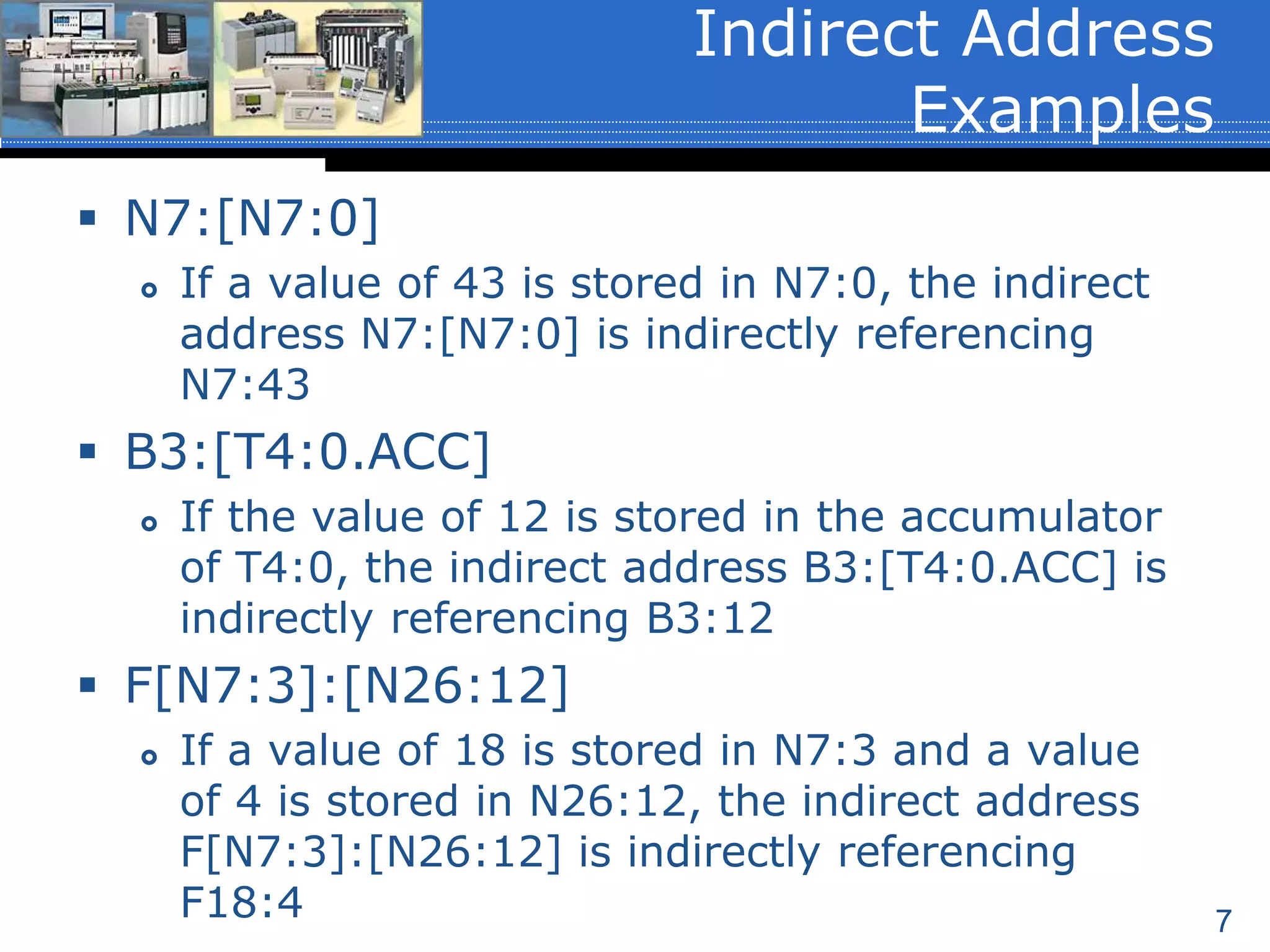 7
Indirect Address
Examples
 N7:[N7:0]
 If a value of 43 is stored in N7:0, the indirect
address N7:[N7:0] is indirectly referencing
N7:43
 B3:[T4:0.ACC]
 If the value of 12 is stored in the accumulator
of T4:0, the indirect address B3:[T4:0.ACC] is
indirectly referencing B3:12
 F[N7:3]:[N26:12]
 If a value of 18 is stored in N7:3 and a value
of 4 is stored in N26:12, the indirect address
F[N7:3]:[N26:12] is indirectly referencing
F18:4
 