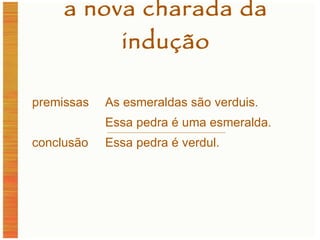 a nova charada da indução premissas As esmeraldas são verduis. Essa pedra é uma esmeralda. conclusão Essa pedra é verdul. 