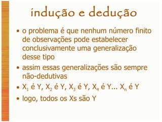 indução e dedução o problema é que nenhum número finito de observações pode estabelecer conclusivamente uma generalização desse tipo assim essas generalizações são sempre não-dedutivas X 1  é Y, X 2  é Y, X 3  é Y, X 4  é Y... X n  é Y logo, todos os Xs são Y 