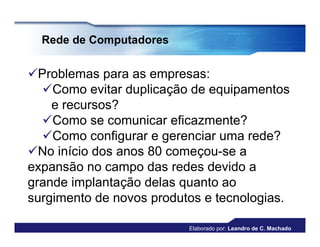 Rede de Computadores


Problemas para as empresas:
  Como evitar duplicação de equipamentos
    e recursos?
  Como se comunicar eficazmente?
  Como configurar e gerenciar uma rede?
No início dos anos 80 começou-se a
expansão no campo das redes devido a
grande implantação delas quanto ao
surgimento de novos produtos e tecnologias.

                          Elaborado por: Leandro de C. Machado
 