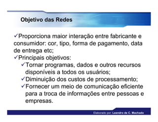 Objetivo das Redes

Proporciona maior interação entre fabricante e
consumidor: cor, tipo, forma de pagamento, data
de entrega etc;
Principais objetivos:
  Tornar programas, dados e outros recursos
    disponíveis a todos os usuários;
  Diminuição dos custos de processamento;
  Fornecer um meio de comunicação eficiente
    para a troca de informações entre pessoas e
    empresas.
                            Elaborado por: Leandro de C. Machado
 