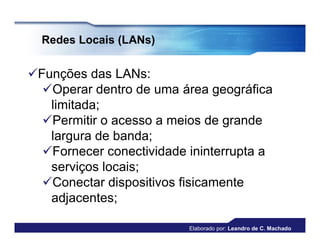 Redes Locais (LANs)


Funções das LANs:
  Operar dentro de uma área geográfica
   limitada;
  Permitir o acesso a meios de grande
   largura de banda;
  Fornecer conectividade ininterrupta a
   serviços locais;
  Conectar dispositivos fisicamente
   adjacentes;

                          Elaborado por: Leandro de C. Machado
 