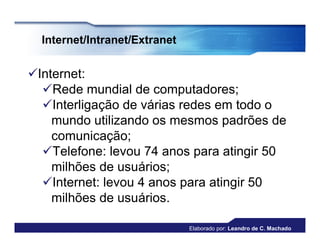 Internet/Intranet/Extranet


Internet:
  Rede mundial de computadores;
  Interligação de várias redes em todo o
    mundo utilizando os mesmos padrões de
    comunicação;
  Telefone: levou 74 anos para atingir 50
    milhões de usuários;
  Internet: levou 4 anos para atingir 50
    milhões de usuários.

                               Elaborado por: Leandro de C. Machado
 