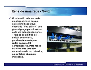 Itens de uma rede - Switch

 O hub está cada vez mais
  em desuso. Isso porque
  existe um dispositivo
  chamado "hub switch" que
  possui preço parecido com
  o de um hub convencional.
  Trata-se de um tipo de
  switch econômico,
  geralmente usado para
  redes com até 24
  computadores. Para redes
  maiores mas que não
  necessitam de um roteador,
  os switches são mais
  indicados.


                               Elaborado por: Leandro de C. Machado
 