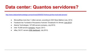 Data center: Quantos servidores?
http://www.datacenterknowledge.com/archives/2009/05/14/whos-got-the-most-web-servers/
● Microsofthas more than 1 million servers, according to CEO Steve Ballmer (July, 2013)
● Facebook has “hundreds of thousands of servers” (Facebook’s N. Ahmad, June 2013)
● Akamai Technologies: 127,000 servers (company, July 2013)
● Intel: 75,000 servers (company, August, 2011)
● eBay: 54,011 servers (DSE dashboard, July 2013)
 
