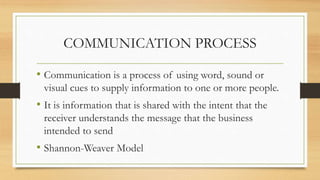 COMMUNICATION PROCESS
• Communication is a process of using word, sound or
visual cues to supply information to one or more people.
• It is information that is shared with the intent that the
receiver understands the message that the business
intended to send
• Shannon-Weaver Model
 
