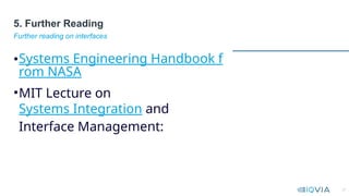 27
•Systems Engineering Handbook f
rom NASA
•MIT Lecture on
Systems Integration and
Interface Management:
Further reading on interfaces
5. Further Reading
 