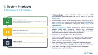 6
• In software design, using interfaces allows us to satisfy
the Dependency Inversion Principle (DIP), one of the SOLID principles
of clean code.
• Interfaces allow classes to be swapped without worrying too much
about the underlying implementation. This abstraction method hides
code complexity and prevents the calling class from coupling to the
implementation.
• In systems architecture, internal interfaces are the natural result of
breaking down large monolithic systems into modularized
components. The contract that the interface adheres to when
publishing its services binds the subsystems together.
• Interfaces can separate three tiers of components:
• Platforms offering different but interdependent business services are
connected via APIs or file interfaces in the highest tier. We can add
the end user (or environment) to this tier.
• In the middle tier, subcomponents of the same platform can share
information via APIs, files, or data persistence engines like databases.
• In the lowest tier, objects (class instantiations) are replaced by
abstraction layers called interfaces.
1.3 Interfaces and Architecture
1. System Interfaces
 