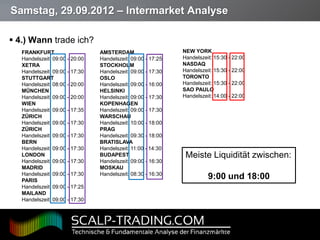 Samstag, 29.09.2012 – Intermarket Analyse

 4.) Wann trade ich?
     FRANKFURT                    AMSTERDAM                    NEW YORK
     Handelszeit: 09:00 - 20:00   Handelszeit: 09:00 - 17:25   Handelszeit: 15:30 - 22:00
     XETRA                        STOCKHOLM                    NASDAQ
     Handelszeit: 09:00 - 17:30   Handelszeit: 09:00 - 17:30   Handelszeit: 15:30 - 22:00
     STUTTGART                    OSLO                         TORONTO
     Handelszeit: 08:00 - 20:00   Handelszeit: 09:00 - 16:00   Handelszeit: 15:30 - 22:00
     MÜNCHEN                      HELSINKI                     SAO PAULO
     Handelszeit: 09:00 - 20:00   Handelszeit: 09:00 - 17:30   Handelszeit: 14:00 - 22:00
     WIEN                         KOPENHAGEN
     Handelszeit: 09:00 - 17:35   Handelszeit: 09:00 - 17:30
     ZÜRICH                       WARSCHAU
     Handelszeit: 09:00 - 17:30   Handelszeit: 10:00 - 18:00
     ZÜRICH                       PRAG
     Handelszeit: 09:00 - 17:30   Handelszeit: 09:30 - 18:00
     BERN                         BRATISLAVA
     Handelszeit: 09:00 - 17:30   Handelszeit: 11:00 - 14:30
     LONDON                       BUDAPEST                      Meiste Liquidität zwischen:
     Handelszeit: 09:00 - 17:30   Handelszeit: 09:00 - 16:30
     MADRID                       MOSKAU
     Handelszeit: 09:00 - 17:30   Handelszeit: 08:30 - 16:30
     PARIS
                                                                         9:00 und 18:00
     Handelszeit: 09:00 - 17:25
     MAILAND
     Handelszeit: 09:00 - 17:30




Page  8
 