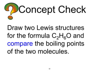 32
Draw two Lewis structures
for the formula C2H6O and
compare the boiling points
of the two molecules.
Concept Check
 
