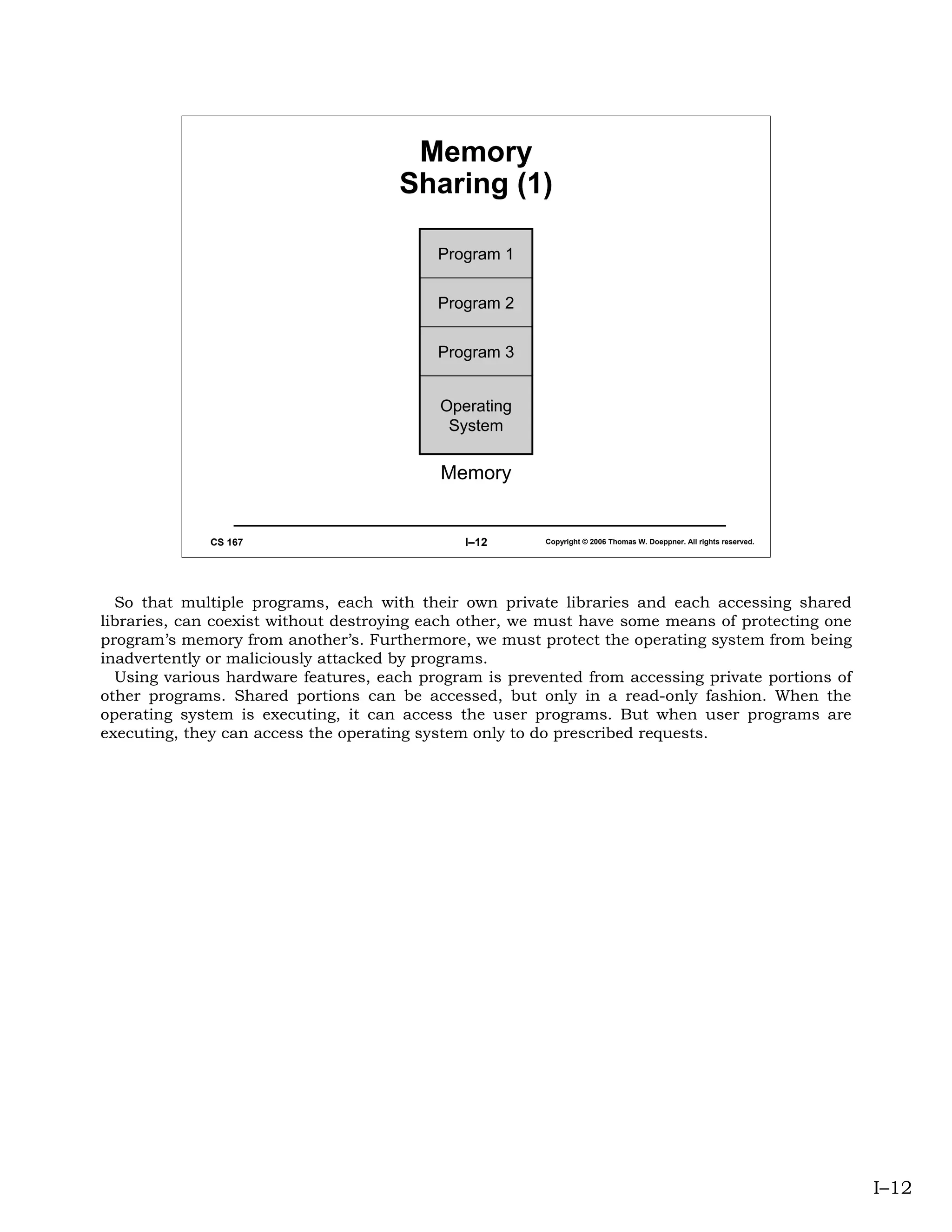 Memory
                                     Sharing (1)

                                          Program 1


                                          Program 2


                                          Program 3


                                          Operating
                                           System

                                           Memory


             CS 167                           I–12      Copyright © 2006 Thomas W. Doeppner. All rights reserved.




  So that multiple programs, each with their own private libraries and each accessing shared
libraries, can coexist without destroying each other, we must have some means of protecting one
program’s memory from another’s. Furthermore, we must protect the operating system from being
inadvertently or maliciously attacked by programs.
  Using various hardware features, each program is prevented from accessing private portions of
other programs. Shared portions can be accessed, but only in a read-only fashion. When the
operating system is executing, it can access the user programs. But when user programs are
executing, they can access the operating system only to do prescribed requests.




                                                                                                                    I–12
 