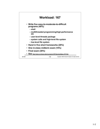 Workload: 167

         • Write five easy-to-moderate-to-difficult
           programs (40%)
              – shell
              – multithreaded programming/high-performance
                I/O
              – user-level threads package
              – system calls and high-level file system
              – low-level file system
         •   Hand in five short homeworks (20%)
         •   One in-class midterm exam (10%)
         •   Final exam (30%)
         •   See http://www.cs.brown.edu/courses/cs167/docs/syllabus.167.htm
CS 167                                       I–2          Copyright © 2006 Thomas W. Doeppner. All rights reserved.




                                                                                                                      I–2
 