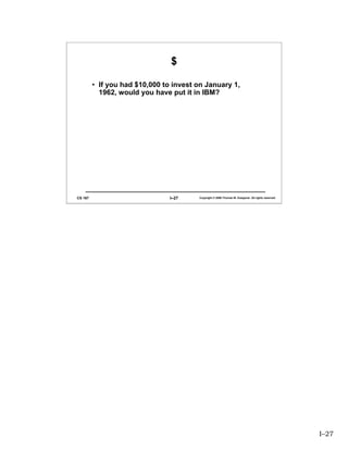 $

         • If you had $10,000 to invest on January 1,
           1962, would you have put it in IBM?




CS 167                          I–27    Copyright © 2006 Thomas W. Doeppner. All rights reserved.




                                                                                                    I–27
 