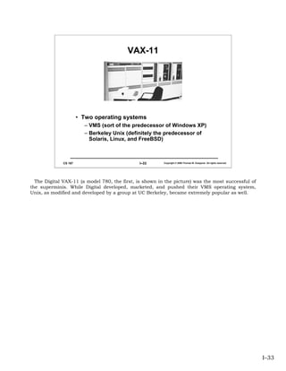 VAX-11




                       • Two operating systems
                         – VMS (sort of the predecessor of Windows XP)
                         – Berkeley Unix (definitely the predecessor of
                           Solaris, Linux, and FreeBSD)



              CS 167                           I–33      Copyright © 2006 Thomas W. Doeppner. All rights reserved.




  The Digital VAX-11 (a model 780, the first, is shown in the picture) was the most successful of
the superminis. While Digital developed, marketed, and pushed their VMS operating system,
Unix, as modified and developed by a group at UC Berkeley, became extremely popular as well.




                                                                                                                     I–33
 