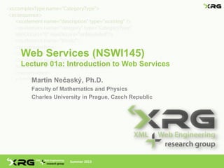 Web Services (NSWI145)
Lecture 01a: Introduction to Web Services

  Martin Nečaský, Ph.D.
  Faculty of Mathematics and Physics
  Charles University in Prague, Czech Republic




                Summer 2013
 