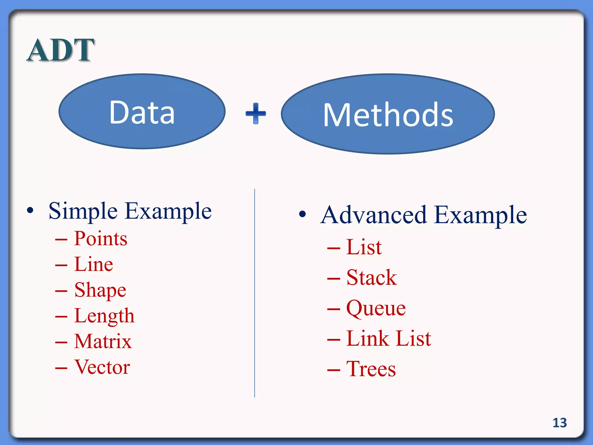 ADT
13
Data Methods
• Simple Example
– Points
– Line
– Shape
– Length
– Matrix
– Vector
• Advanced Example
– List
– Stack
– Queue
– Link List
– Trees
 