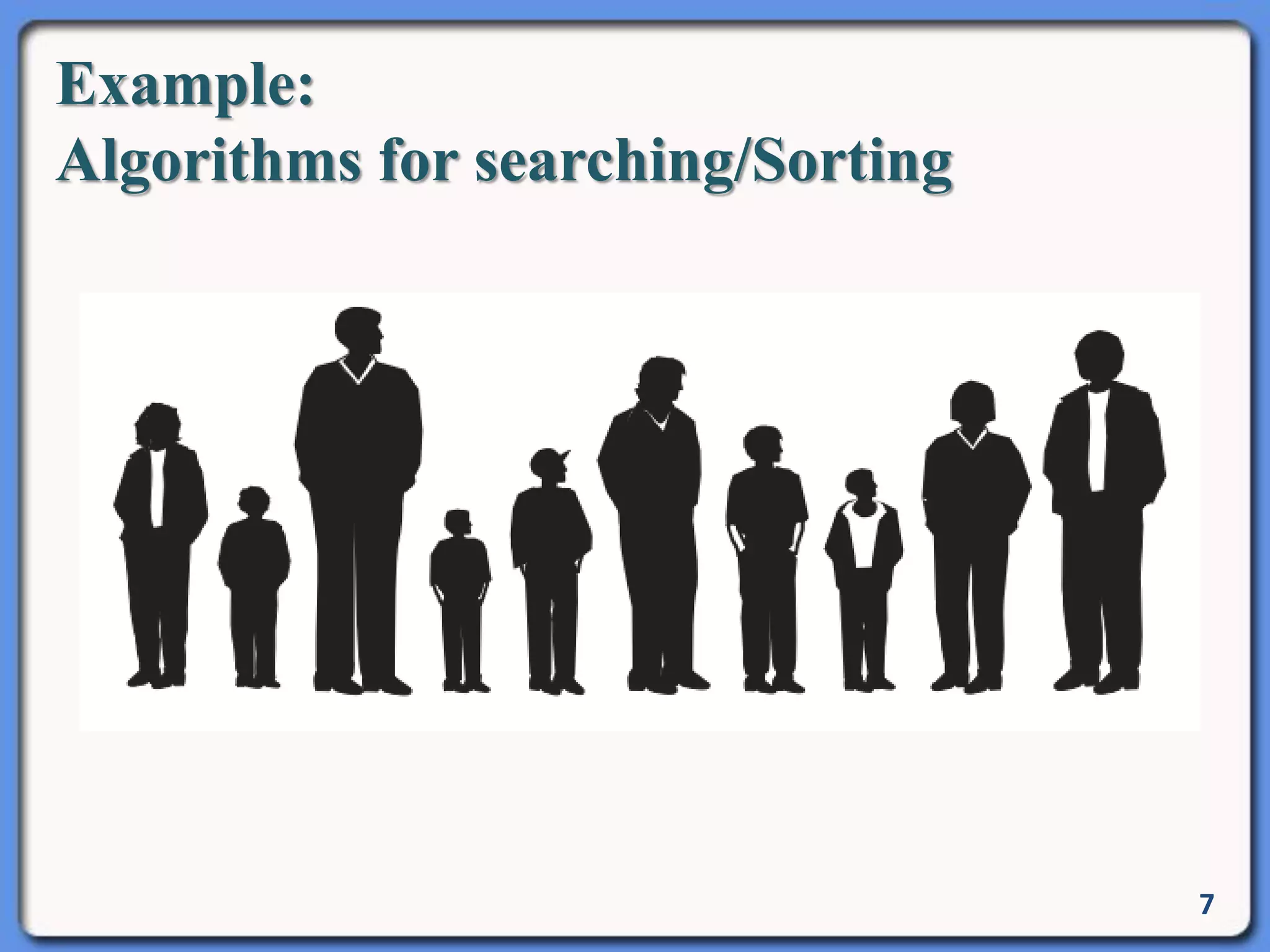 Example:
Algorithms for searching/Sorting
7
 