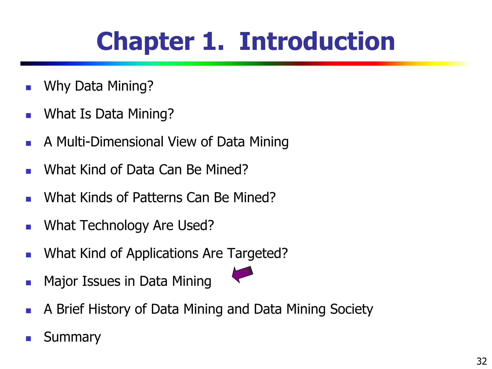 32
Chapter 1. Introduction
 Why Data Mining?
 What Is Data Mining?
 A Multi-Dimensional View of Data Mining
 What Kind of Data Can Be Mined?
 What Kinds of Patterns Can Be Mined?
 What Technology Are Used?
 What Kind of Applications Are Targeted?
 Major Issues in Data Mining
 A Brief History of Data Mining and Data Mining Society
 Summary
 