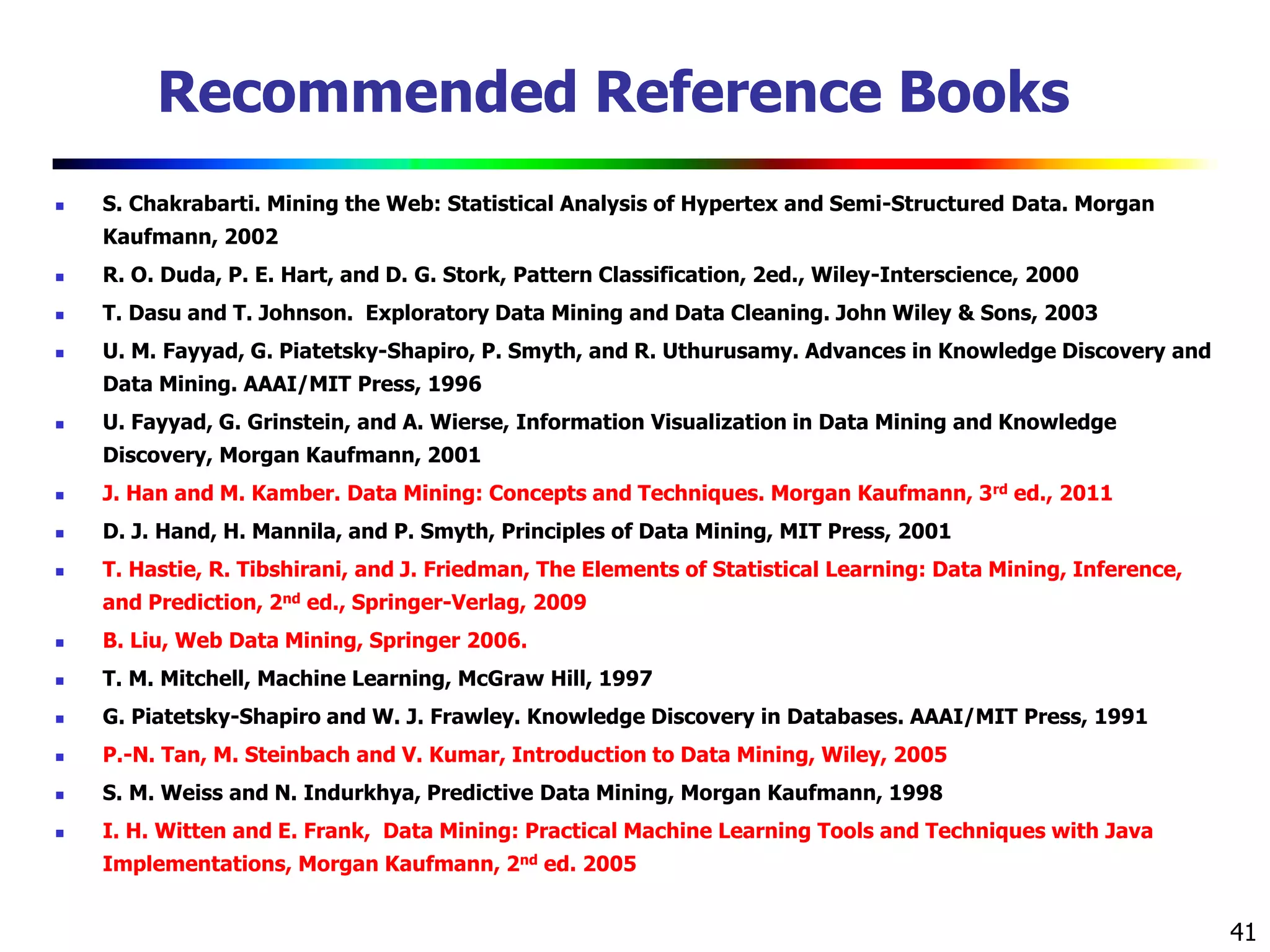 41
Recommended Reference Books
 S. Chakrabarti. Mining the Web: Statistical Analysis of Hypertex and Semi-Structured Data. Morgan
Kaufmann, 2002
 R. O. Duda, P. E. Hart, and D. G. Stork, Pattern Classification, 2ed., Wiley-Interscience, 2000
 T. Dasu and T. Johnson. Exploratory Data Mining and Data Cleaning. John Wiley & Sons, 2003
 U. M. Fayyad, G. Piatetsky-Shapiro, P. Smyth, and R. Uthurusamy. Advances in Knowledge Discovery and
Data Mining. AAAI/MIT Press, 1996
 U. Fayyad, G. Grinstein, and A. Wierse, Information Visualization in Data Mining and Knowledge
Discovery, Morgan Kaufmann, 2001
 J. Han and M. Kamber. Data Mining: Concepts and Techniques. Morgan Kaufmann, 3rd ed., 2011
 D. J. Hand, H. Mannila, and P. Smyth, Principles of Data Mining, MIT Press, 2001
 T. Hastie, R. Tibshirani, and J. Friedman, The Elements of Statistical Learning: Data Mining, Inference,
and Prediction, 2nd ed., Springer-Verlag, 2009
 B. Liu, Web Data Mining, Springer 2006.
 T. M. Mitchell, Machine Learning, McGraw Hill, 1997
 G. Piatetsky-Shapiro and W. J. Frawley. Knowledge Discovery in Databases. AAAI/MIT Press, 1991
 P.-N. Tan, M. Steinbach and V. Kumar, Introduction to Data Mining, Wiley, 2005
 S. M. Weiss and N. Indurkhya, Predictive Data Mining, Morgan Kaufmann, 1998
 I. H. Witten and E. Frank, Data Mining: Practical Machine Learning Tools and Techniques with Java
Implementations, Morgan Kaufmann, 2nd ed. 2005
 