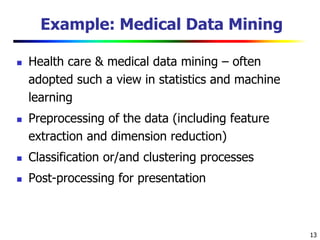 13
Example: Medical Data Mining
 Health care & medical data mining – often
adopted such a view in statistics and machine
learning
 Preprocessing of the data (including feature
extraction and dimension reduction)
 Classification or/and clustering processes
 Post-processing for presentation
 