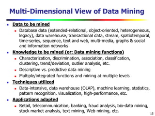 15
Multi-Dimensional View of Data Mining
 Data to be mined
 Database data (extended-relational, object-oriented, heterogeneous,
legacy), data warehouse, transactional data, stream, spatiotemporal,
time-series, sequence, text and web, multi-media, graphs & social
and information networks
 Knowledge to be mined (or: Data mining functions)
 Characterization, discrimination, association, classification,
clustering, trend/deviation, outlier analysis, etc.
 Descriptive vs. predictive data mining
 Multiple/integrated functions and mining at multiple levels
 Techniques utilized
 Data-intensive, data warehouse (OLAP), machine learning, statistics,
pattern recognition, visualization, high-performance, etc.
 Applications adapted
 Retail, telecommunication, banking, fraud analysis, bio-data mining,
stock market analysis, text mining, Web mining, etc.
 