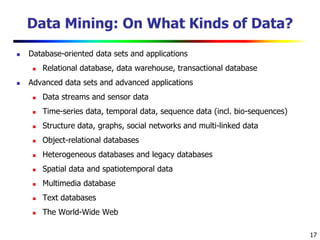 17
Data Mining: On What Kinds of Data?
 Database-oriented data sets and applications
 Relational database, data warehouse, transactional database
 Advanced data sets and advanced applications
 Data streams and sensor data
 Time-series data, temporal data, sequence data (incl. bio-sequences)
 Structure data, graphs, social networks and multi-linked data
 Object-relational databases
 Heterogeneous databases and legacy databases
 Spatial data and spatiotemporal data
 Multimedia database
 Text databases
 The World-Wide Web
 