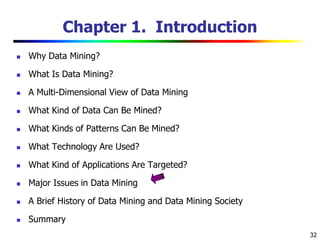32
Chapter 1. Introduction
 Why Data Mining?
 What Is Data Mining?
 A Multi-Dimensional View of Data Mining
 What Kind of Data Can Be Mined?
 What Kinds of Patterns Can Be Mined?
 What Technology Are Used?
 What Kind of Applications Are Targeted?
 Major Issues in Data Mining
 A Brief History of Data Mining and Data Mining Society
 Summary
 