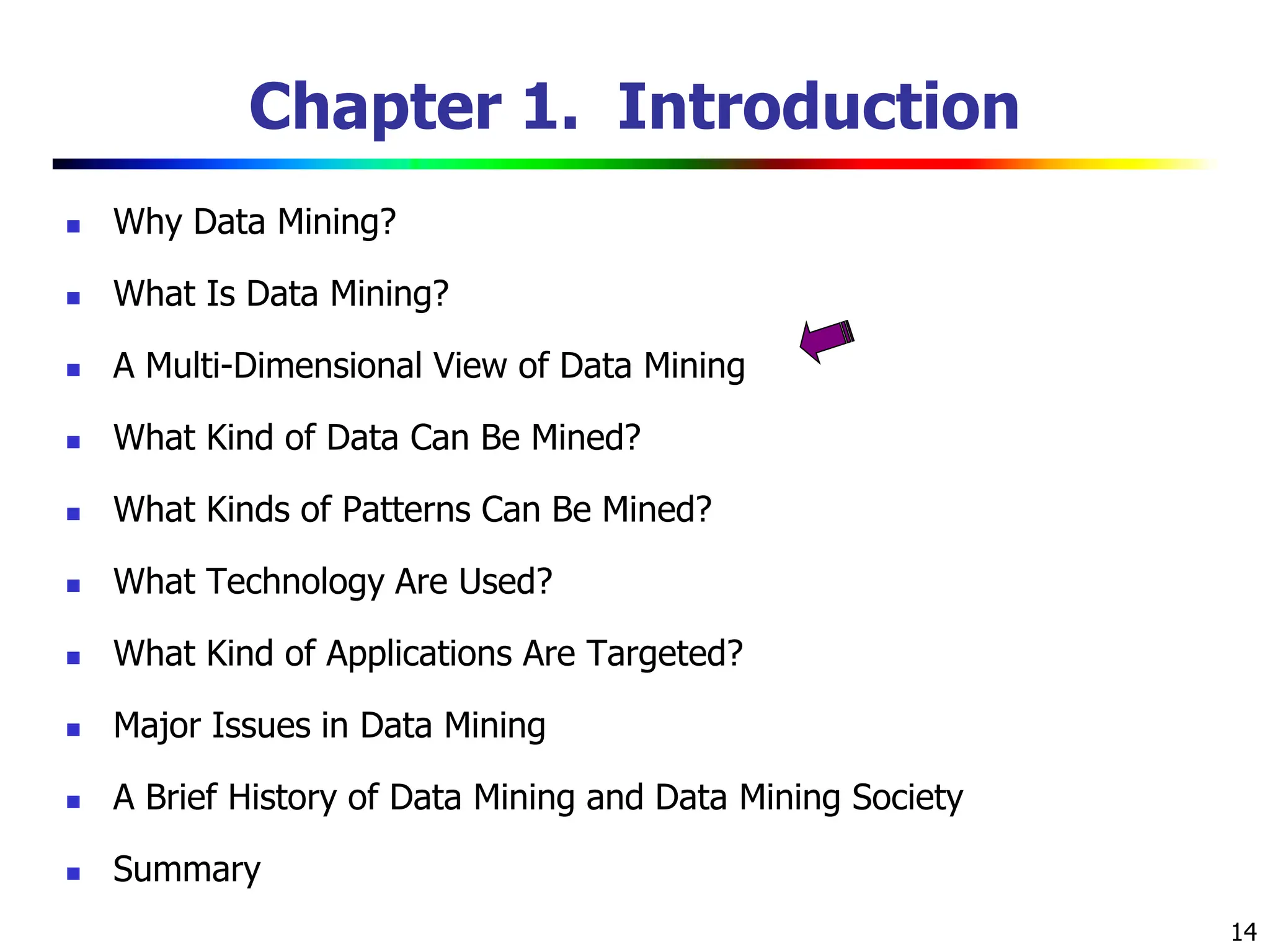 14 Chapter 1. Introduction  Why Data Mining?  What Is Data Mining?  A Multi-Dimensional View of Data Mining  What Kind of Data Can Be Mined?  What Kinds of Patterns Can Be Mined?  What Technology Are Used?  What Kind of Applications Are Targeted?  Major Issues in Data Mining  A Brief History of Data Mining and Data Mining Society  Summary 