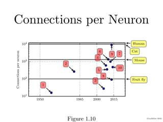 (Goodfellow 2016)
Connections per Neuron
1950 1985 2000 2015
Year
101
102
103
104
Connections
per
neuron
1
2
3
4
5
6
7
8
9
10
Fruit fly
Mouse
Cat
Human
Figure 1.10: Initially, the number of connections between neurons in artificial neura
networks was limited by hardware capabilities. Today, the number of connections between
neurons is mostly a design consideration. Some artificial neural networks have nearly a
Figure 1.10
 