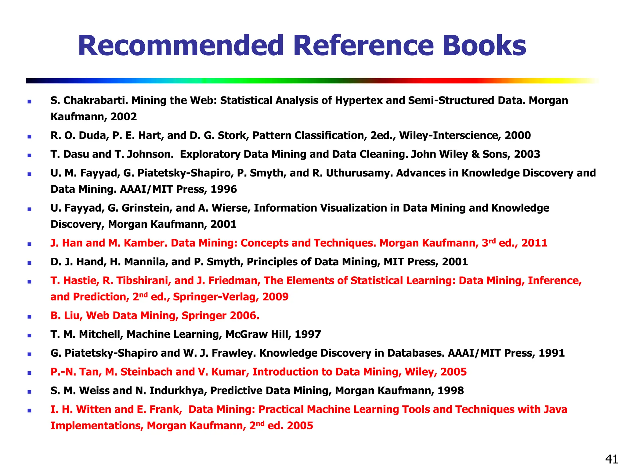 41
Recommended Reference Books
 S. Chakrabarti. Mining the Web: Statistical Analysis of Hypertex and Semi-Structured Data. Morgan
Kaufmann, 2002
 R. O. Duda, P. E. Hart, and D. G. Stork, Pattern Classification, 2ed., Wiley-Interscience, 2000
 T. Dasu and T. Johnson. Exploratory Data Mining and Data Cleaning. John Wiley & Sons, 2003
 U. M. Fayyad, G. Piatetsky-Shapiro, P. Smyth, and R. Uthurusamy. Advances in Knowledge Discovery and
Data Mining. AAAI/MIT Press, 1996
 U. Fayyad, G. Grinstein, and A. Wierse, Information Visualization in Data Mining and Knowledge
Discovery, Morgan Kaufmann, 2001
 J. Han and M. Kamber. Data Mining: Concepts and Techniques. Morgan Kaufmann, 3rd ed., 2011
 D. J. Hand, H. Mannila, and P. Smyth, Principles of Data Mining, MIT Press, 2001
 T. Hastie, R. Tibshirani, and J. Friedman, The Elements of Statistical Learning: Data Mining, Inference,
and Prediction, 2nd ed., Springer-Verlag, 2009
 B. Liu, Web Data Mining, Springer 2006.
 T. M. Mitchell, Machine Learning, McGraw Hill, 1997
 G. Piatetsky-Shapiro and W. J. Frawley. Knowledge Discovery in Databases. AAAI/MIT Press, 1991
 P.-N. Tan, M. Steinbach and V. Kumar, Introduction to Data Mining, Wiley, 2005
 S. M. Weiss and N. Indurkhya, Predictive Data Mining, Morgan Kaufmann, 1998
 I. H. Witten and E. Frank, Data Mining: Practical Machine Learning Tools and Techniques with Java
Implementations, Morgan Kaufmann, 2nd ed. 2005
 